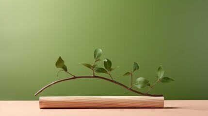 Poster - Minimalistic wooden podium with a green twig for the presentation of natural products and cosmetics, Eco-branding on a green background.