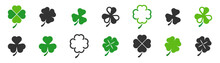 Clover Icon Set. St Patrick's Day. Green Clover Icons. Four Leaf Clover. Vector Illustration.
