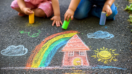 children draw a rainbow and a house with chalk on the asphalt