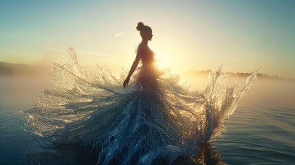 Beautiful goddess or nymph in intricate dress made of splashes walks on lake