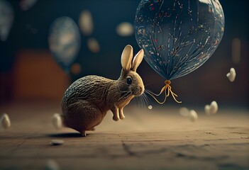 adorable small hare fly in a balloon animation. Generative AI