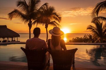 Rear view of couple relaxing at tropical beachfront in luxury hotel. Summer, holiday and lifestyle