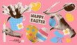Minimal collage of traditional Easter elements set with april holiday tulips bunch, paper bunny, painted eggs with simple ornament. Halftone artwork torn paper stickers vector collection.