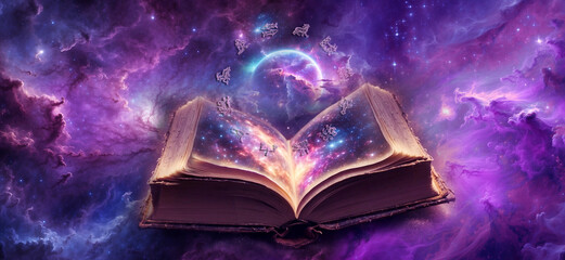 Wall Mural - old astrological book with universe, mystic planet and all zodiac signs over cosmic space like astrology concept 