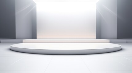 Poster - Minimalistic elegant stage, luminous white podium to showcase your products. A layout for the presentation of cosmetics, accessories, food and drinks.