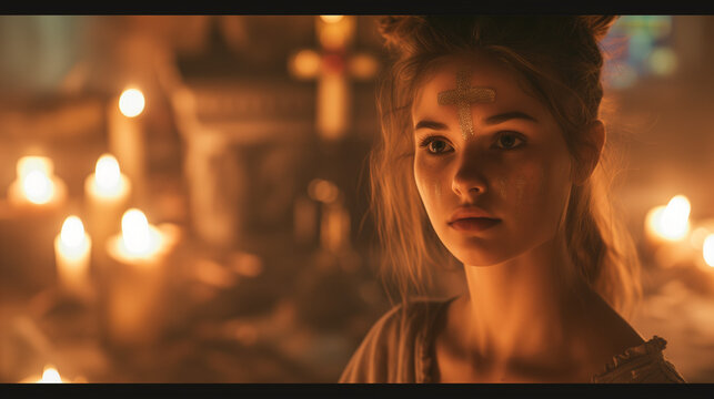 Ash Wednesday Contemplation: Young Woman with Forehead Cross - Devotion, Reflection, and Religious Observance Concept