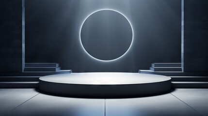 Poster - A minimalistic elegant stage, a white podium to showcase your products on a gray glowing background. A layout for the presentation of cosmetics, accessories, food and drinks.