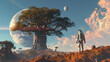 An astronaut marvels at a giant baobab tree on a distant planet Earth shining far in the background