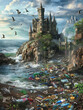 An enchanting castle overlooks the ocean unaware of the environmental contrast lurking below where trash accumulates unseen