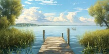 Tranquil Haven: A Wooden Jetty In An Idyllic Lakeside Setting Surrounded By Lush Greenery.