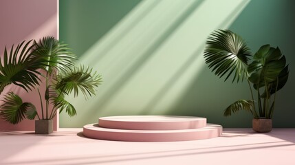 Poster - A beautiful podium with light and shadow in pastel colors. A platform for demonstrating products and cosmetics with palm leaves on a pink and pale green background from copy space.