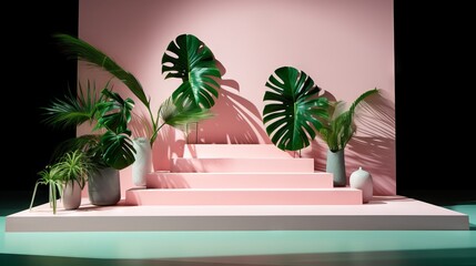 Poster - A stepped pink staircase, a podium to showcase your product, cosmetics with green monstera leaves in bright sunlight.
