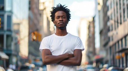attractive black man with blank tshirt for mockup with city background