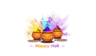 Wall Mural - Happy holi text with Natural color splash and pots. Indian traditional hindu festival of colors. Greeting card, Poster, banner background design.
