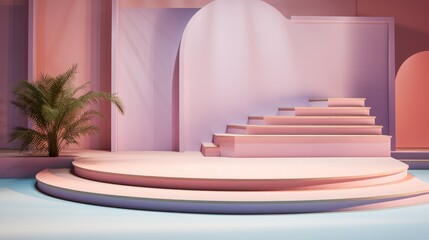 Poster - A beautiful empty stage with a stepped podium in pastel colors to showcase your product, cosmetics on a pink background with light and shadow.