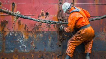 Worker cleans the hull of an old ship from rust. Vessel renovation.