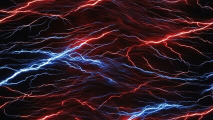 Wall Mural - abstract lightning background A red and blue clash of lightnings on a dark background 