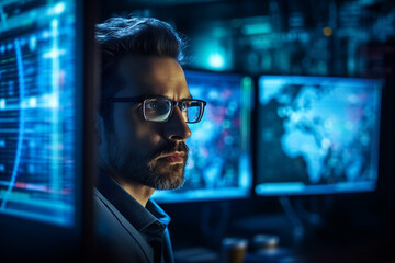 Experienced hacker in action breaking software protection server code Generative Ai image pic