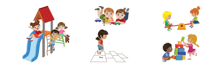 Wall Mural - Kid Character Play Toy and Game Have Fun Vector Set