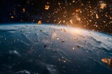 Fototapeta Uliczki - Witness the danger of space debris orbiting against Earth's backdrop, a reminder of the challenges in space exploration and satellite navigation.
