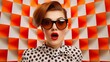 Attractive surprised young woman wearing sunglasses on checkered background, beauty and fashion concept