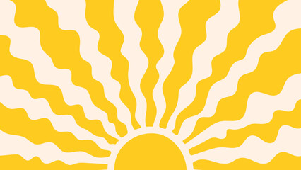 Poster - Groovy, hippie, retro sunny background. Abstract hand drawn doodle sunshine shapes in trendy childishly, naive art style. Contemporary summer poster, banner, vector template.
