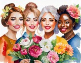 Fototapeta Kuchnia - Portret czterech kobiet w różnym wieku i o różnym kolorze skóry i pochodzeniu etnicznym trzymających w dłoniach kwiaty. Dzień kobiet