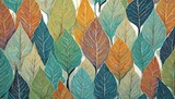 Fototapeta  - Kolorowe jesienne liście ułożone w rzędach, nakładające się na siebie. Grafika, tapeta, tło