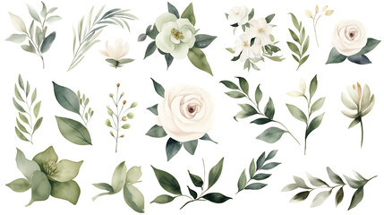 Wall Mural - Watercolor rose illustration set. White flowers, green leaves individual elements collection. For bouquets, wreaths, wedding invitations, anniversary, valentine day and birthdays