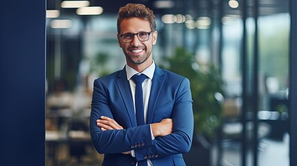 Business manager smiling happy with arms crossed gesture. Employee working at the office.