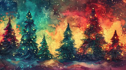 Wall Mural - Christmas tree field with lights and lights on it, in the style of vibrant watercolor landscapes, dark red and cyan, dreamlike whimsy, dark turquoise and light amber, detailed painting.