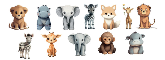  Adorable Collection of Illustrated Baby Animals Including a Lion Cub, Hippo, Elephant, Zebra, Fox, and Giraffe in Various