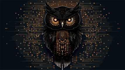 Abstract circuit board patterns forming a robotic owl  symbolizing the wisdom and learning capacity of AI. simple Vector Illustration art simple minimalist illustration creative