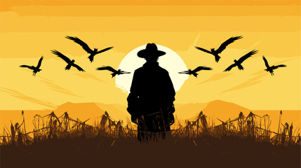 Canvas Print - abstract scarecrow with crow silhouettes representing pest control in farming. simple vector illustr
