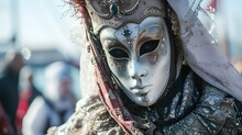 Mysterious Masked Figure At A Traditional Carnival, Venetian Style Mask With Intricate Details. Portrait Of Cultural Event Participant. AI