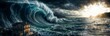 Tsunami triggered by climate change, illustrating environmental impact, disaster risk mitigation, crisis management concept, website header, copy space. Generative AI