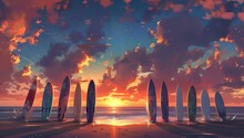 Serene Beach Sunset With Surfboards Lineup. Digital Art Illustration Of Tranquil Seaside At Twilight. Perfect For Decor, Posters. AI
