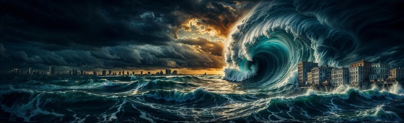 Wall Mural - Devastating tsunami destroying the coast
cityscape, natural disaster, emergency response, crisis management concept, website header, copy space. Generative AI