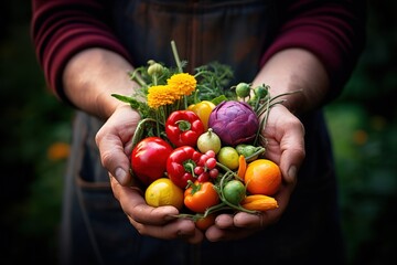 Wall Mural - hands holding various types of peppers, red, yellow, green peppers