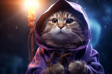 Wall Mural - digital generative ai collage image of beast creature powerful wizard with cat face in cloak