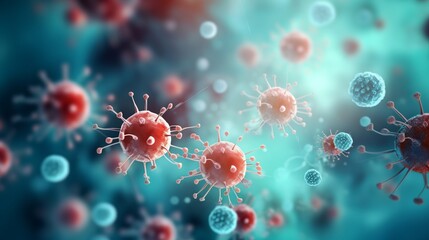 Poster - Macro photos of red and blue viruses and bacteria under a microscope in a research laboratory. Science, Healthcare, Microbiology, Biology concepts.