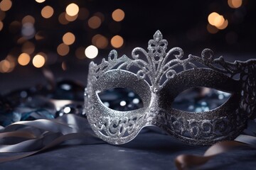 Luxury venetian mask on dark silver bokeh background. New year eve and christmas party celebration design banner. Fantasy carneval masquerade event costume