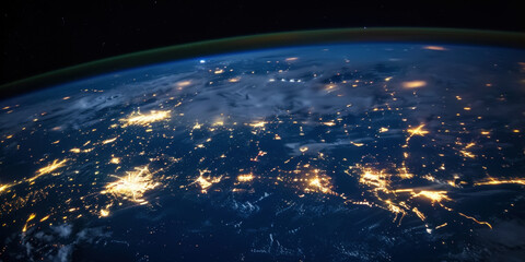 Wall Mural - big city lights view from space. planet earth globe with night realistic world map. communication co