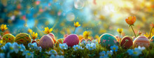 Colorful Easter Eggs Hidden Among Flowers In A Bright Spring Field.
