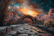 A surreal scene of a cobblestone bridge connecting two scenes the common world and an impressive galaxy in space