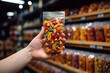 Selective focus. Mix of nuts and candied fruits in a hand in a store