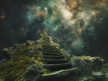 An Ancient And Moss Covered Stone Ladder Mysteriously Standing Alone In The Chilling Darkness Of A Black Hole Galaxy