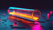 Artistic representation of an isolated neon colored test tube emphasizing on its shape and luminosity in a 3D design
