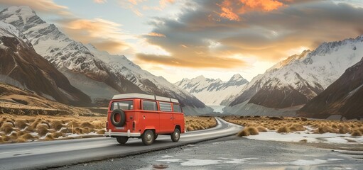 Wall Mural - Highway through the White Mountains in New Hampshire with a camper van. AI generated illustration