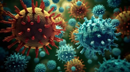 Poster - Blue and red cells of viruses, bacteria, and antibodies under a microscope. Coronavirus, Omicron, rhinovirus, HPV infection, adenovirus, influenza. Science, Healthcare, Microbiology, Biology concepts.